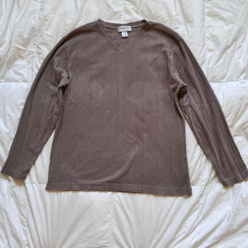 Alfani Vintage y2k 90s brown v neck sweater size L ribbed long sleeve minimalist - Picture 2 of 8